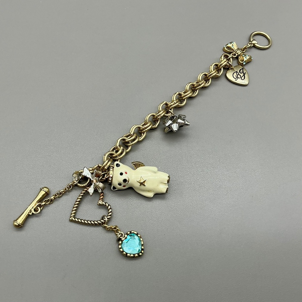 Betsey Johnson Charm Bracelet Women Gold Tone Polar Bear Heart Bow Blue Crystal